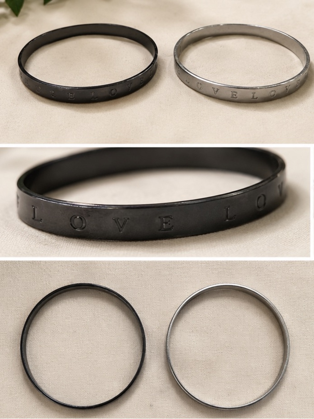 LOVE Engraved Stainless Bangle Bracelets - Metal & Black